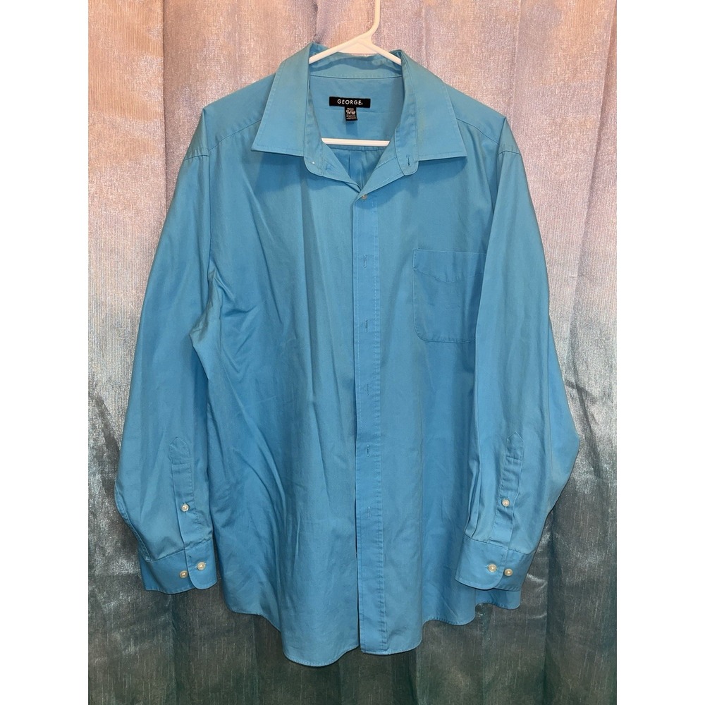 Men's George Aqua Blue Button Up Down Dress Shirt Long Sleeve XL 17-17.5